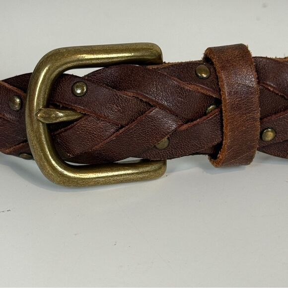 J. Crew Brown Woven Leather Brass Studded Belt S/M - Picture 2 of 7